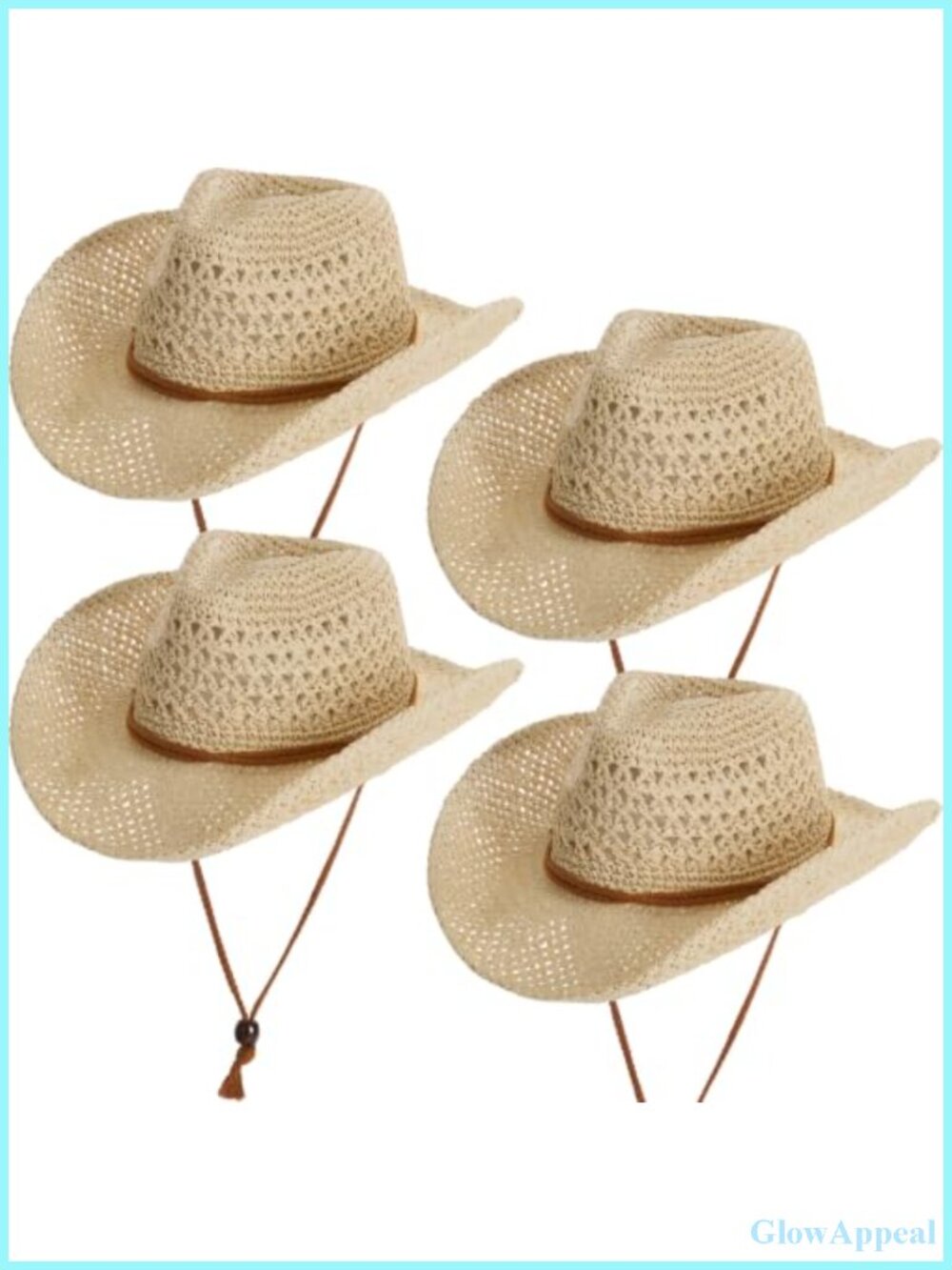 Set of 4 Raffia Straw Cowboy Hats with Windproof Rope for Adults